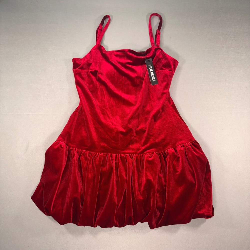 Steve Madden Giovanna Red Velvet Bubble Hem Mini Dress Adjustable Straps Size 10